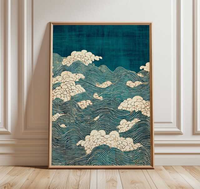Vintage Japanese Blue Wave Pattern Poster, Modern Geometric Wall Art, Abstract Retro Mid-Century Style Print, Bold Home Decor - image 1