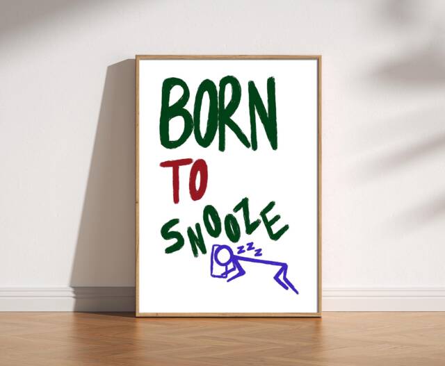 Born To Snooze Hand Drawn Retro Illustration Print, Fun Bedroom Aesthetic Wall Art, Trendy Apartment Poster, Funny Doodle Art - image 1