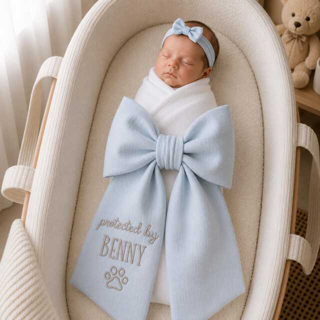 Custom Protected By Dog Embroidered Newborn Bow Sash, Baby Hospital Paw Swaddle, Sash For Picture, Shower Gift - image 1