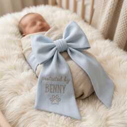 Custom Protected By Dog Embroidered Newborn Bow Sash, Baby Hospital Paw Swaddle, Sash For Picture, Shower Gift - thumbnail 3