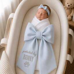 Custom Protected By Dog Embroidered Newborn Bow Sash, Baby Hospital Paw Swaddle, Sash For Picture, Shower Gift - thumbnail 1