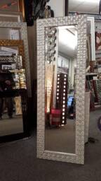 Full Length Wall Mirror Wood Square Mosaic Design Frame Antique White Silver Colour Bevelled Edge 132x53cm - 52x21 Inches Tall - thumbnail 1