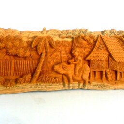 Wood Carved Old Village Scene, Wood Carved Panel, Natural Teak Wood, Art Objects, Wall Decor, Living Room Wall Art, Gift - thumbnail 3