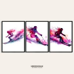 Skiing Wall Decor Print - Set Of 3 Posters - Girl Ski Gifts Pink Watercolour Prints Skier Art Artwork For Her - thumbnail 1