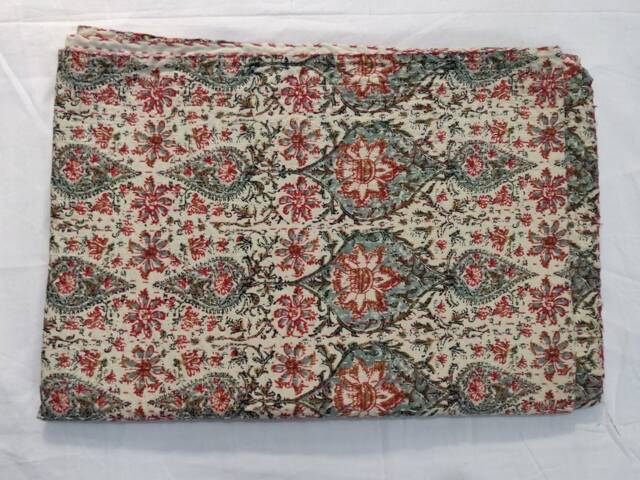 Floral Print Kantha Quilt Handmade Indian Cotton Bedspread - image 1