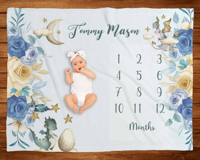 Blue Floral Baby Month Blanket, Dragon Milestone Monthly Photos Shower Gift, Boy - image 1
