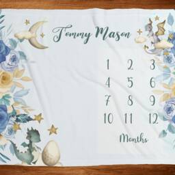 Blue Floral Baby Month Blanket, Dragon Milestone Monthly Photos Shower Gift, Boy - thumbnail 3