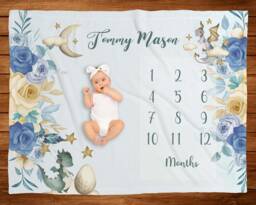 Blue Floral Baby Month Blanket, Dragon Milestone Monthly Photos Shower Gift, Boy - thumbnail 1