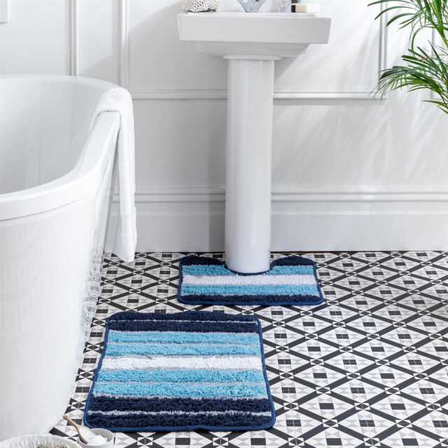 Cotton Bath Mat 50 X 80cm & Pedestal 50cm Set Stripe Blue Bathroom Rubber Non-Slip Backing Machine Washable Tumble Dry Safe - image 1