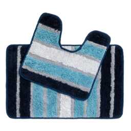 Cotton Bath Mat 50 X 80cm & Pedestal 50cm Set Stripe Blue Bathroom Rubber Non-Slip Backing Machine Washable Tumble Dry Safe - thumbnail 2