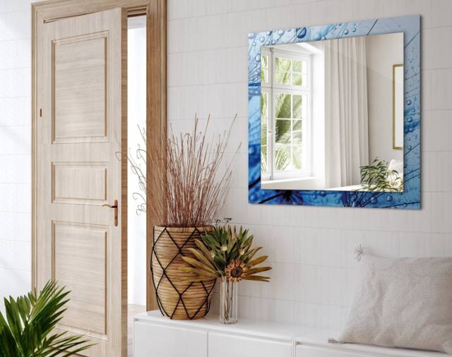 Drops On Dandelions Mirror, Rectangular Mirror With Frame, Blue Wall Printed Decorative Living Room - image 1