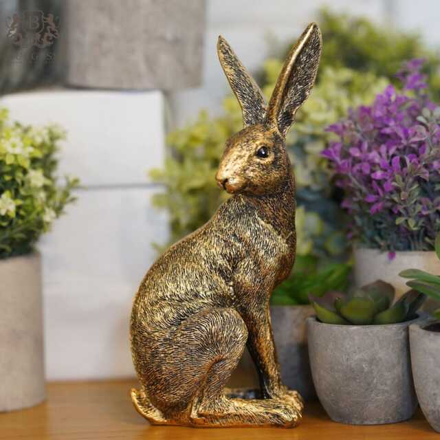 Gold Hare Home Ornament - Sitting Golden Bunny Rabbit Statue Garden Indoor Decor - image 1