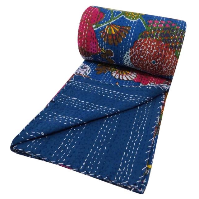 Icotton Kantha Quilt Bedcover Bedspread Sheet Bedsheet Blanket King Queen Sky Blue Quilts Floral Qudari Ethnic Art Decor Blanket - image 1