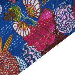 Icotton Kantha Quilt Bedcover Bedspread Sheet Bedsheet Blanket King Queen Sky Blue Quilts Floral Qudari Ethnic Art Decor Blanket - thumbnail 4