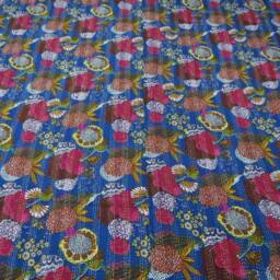 Icotton Kantha Quilt Bedcover Bedspread Sheet Bedsheet Blanket King Queen Sky Blue Quilts Floral Qudari Ethnic Art Decor Blanket - thumbnail 3