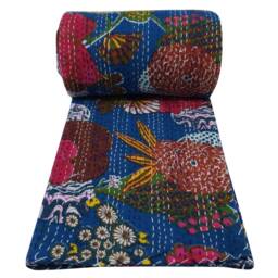 Icotton Kantha Quilt Bedcover Bedspread Sheet Bedsheet Blanket King Queen Sky Blue Quilts Floral Qudari Ethnic Art Decor Blanket - thumbnail 2