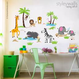 Safari Animals Wall Decal, Decal Sticker, Jungle Giraffe Monkey Lion Elephants - thumbnail 2