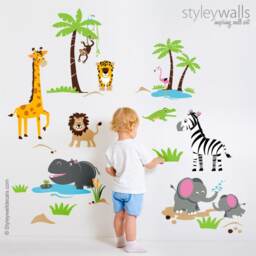 Safari Animals Wall Decal, Decal Sticker, Jungle Giraffe Monkey Lion Elephants - thumbnail 1