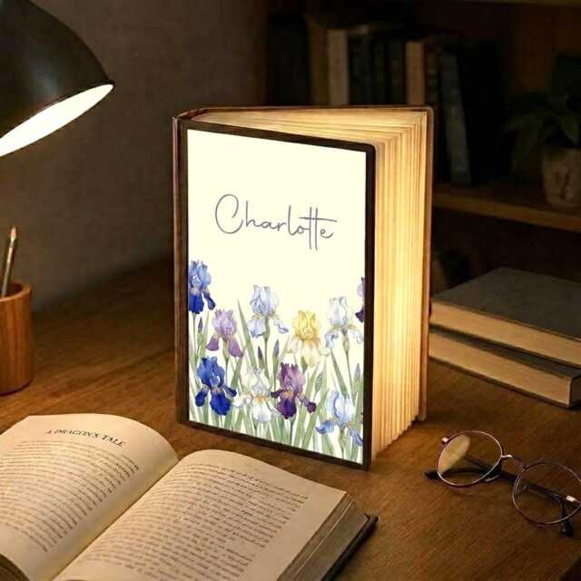 Personalized Book Lamp With Name, Custom Birth Flower Night Light, Watercolor Month Floral Wooden Lamp, Reading - image 1