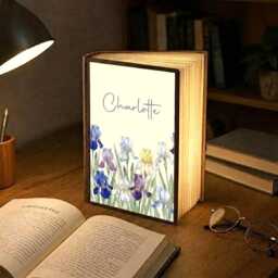 Personalized Book Lamp With Name, Custom Birth Flower Night Light, Watercolor Month Floral Wooden Lamp, Reading