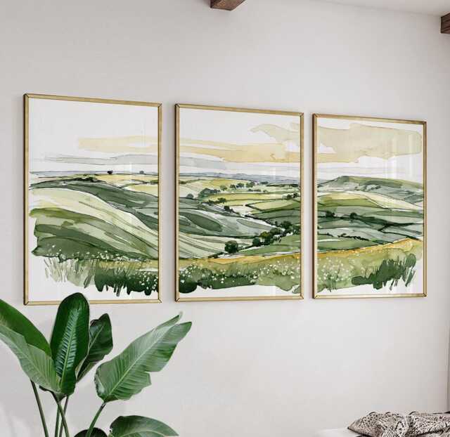 Green Countryside Landscape Trio, Neutral Farmhouse Wall Art Set - image 1