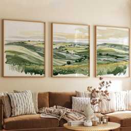 Green Countryside Landscape Trio, Neutral Farmhouse Wall Art Set - thumbnail 4