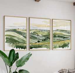 Green Countryside Landscape Trio, Neutral Farmhouse Wall Art Set - thumbnail 1