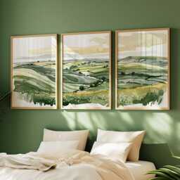 Green Countryside Landscape Trio, Neutral Farmhouse Wall Art Set - thumbnail 2