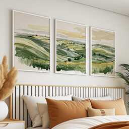 Green Countryside Landscape Trio, Neutral Farmhouse Wall Art Set - thumbnail 3