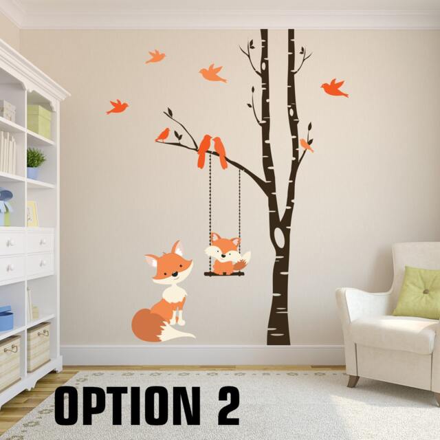 Woodland Fox Nursery Wall Decals - 1 Tree Birch For Vinyl Decor, Graphics Decal Forest, Orange Baby Fox & Mom Birds Room - image 1