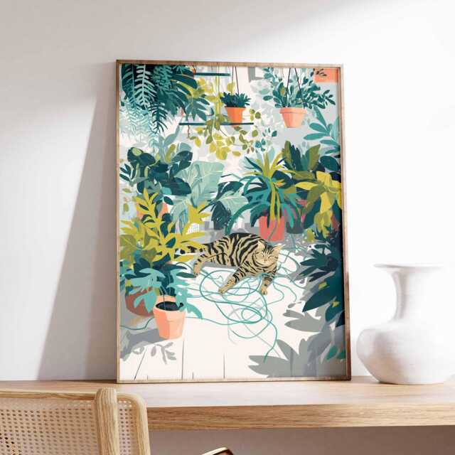 Cat Jungle Wall Art Print, Botanical Plant Poster, Tropical Illustration, Modern Decor, Colorful Nature Animal Artwork - image 1