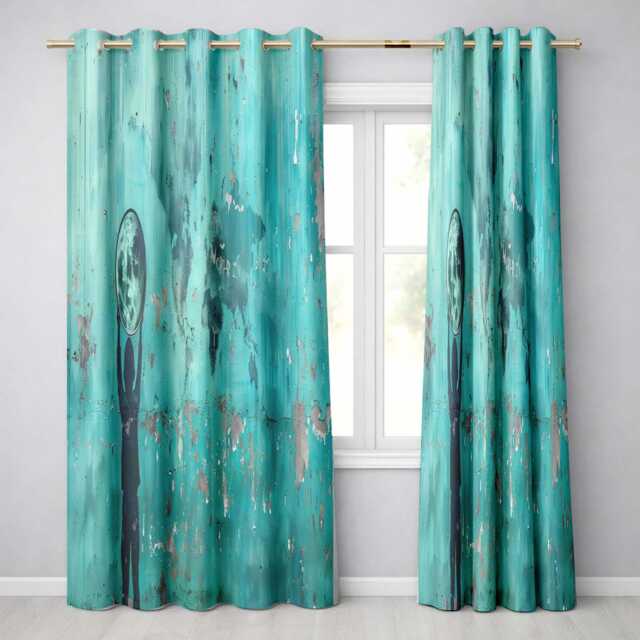 Turquoise Child Holding Moon Globe Street Art Stylish Bold Artwork For Home Decor Readymade Eyelet Ring Top Thermal 100% Blackout Curtains - image 1