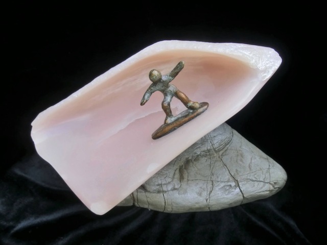 Wave Pink Soapstone Sculpture With Massive Bronze Surfer/ Green Patin/ On Flat Pearl Colloured Particular Stone/ 10-6 - image 1