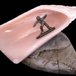 Wave Pink Soapstone Sculpture With Massive Bronze Surfer/ Green Patin/ On Flat Pearl Colloured Particular Stone/ 10-6 - thumbnail 2