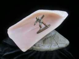 Wave Pink Soapstone Sculpture With Massive Bronze Surfer/ Green Patin/ On Flat Pearl Colloured Particular Stone/ 10-6 - thumbnail 1