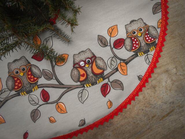 Owl Christmas Tree Skirt Decor Woodland Swedish Fabric Scandinavian - image 1