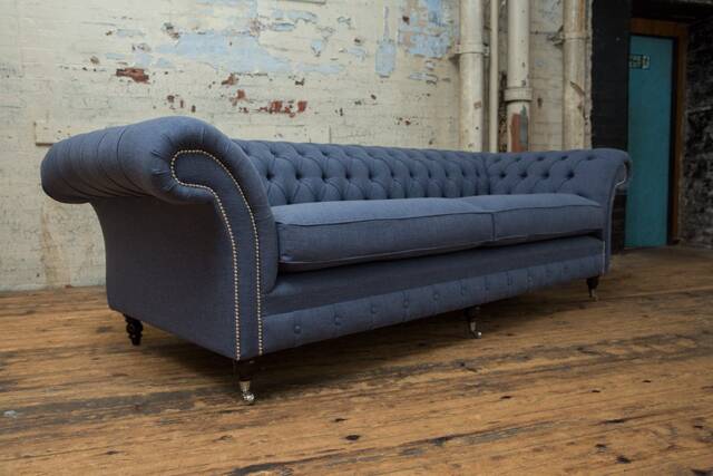 British Handmade 4 Seater Denim Blue Linen Chesterfield Sofa - image 1