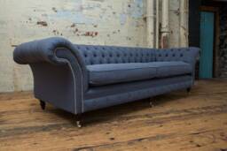British Handmade 4 Seater Denim Blue Linen Chesterfield Sofa - thumbnail 1