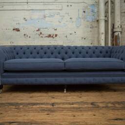 British Handmade 4 Seater Denim Blue Linen Chesterfield Sofa - thumbnail 3