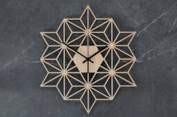 Geometric Design Oak Wood Wall Clock Snowflake - 43 cm Diameter Beautiful Oversize Silent For Cozy & Stylish Home
