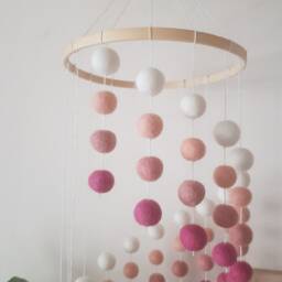 Pink & White Cascading Felt Ball Mobile, Soft Coloured Nursery, Childrens Bedroom Decoration With Matching Garland + Heart - thumbnail 2