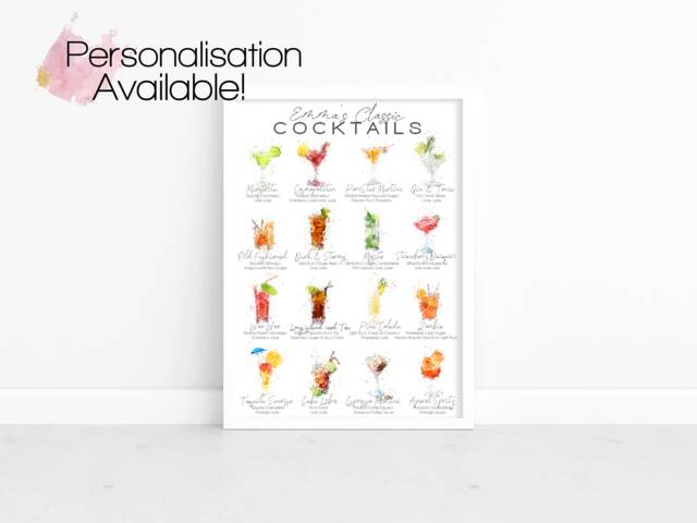 Classic Cocktails List Print, Cocktail Lover Gift, Personalised Bar Decor, Watercolour Alcohol Poster, Kitchen Wall Prints - image 1
