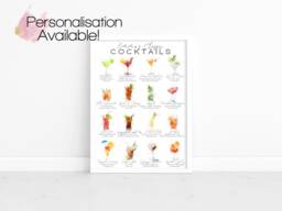 Classic Cocktails List Print, Cocktail Lover Gift, Personalised Bar Decor, Watercolour Alcohol Poster, Kitchen Wall Prints - thumbnail 1