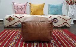 Stuffed Dark Brown Moroccan Leather Pouf Handmade Square Ottoman Brown, Floor Poof, Footstool, Ottoman Table, & Stools - thumbnail 1