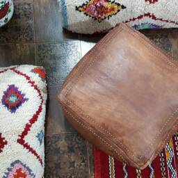 Stuffed Dark Brown Moroccan Leather Pouf Handmade Square Ottoman Brown, Floor Poof, Footstool, Ottoman Table, & Stools - thumbnail 4