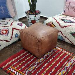 Stuffed Dark Brown Moroccan Leather Pouf Handmade Square Ottoman Brown, Floor Poof, Footstool, Ottoman Table, & Stools - thumbnail 2
