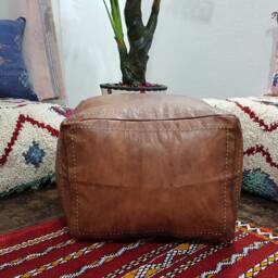 Stuffed Dark Brown Moroccan Leather Pouf Handmade Square Ottoman Brown, Floor Poof, Footstool, Ottoman Table, & Stools - thumbnail 3