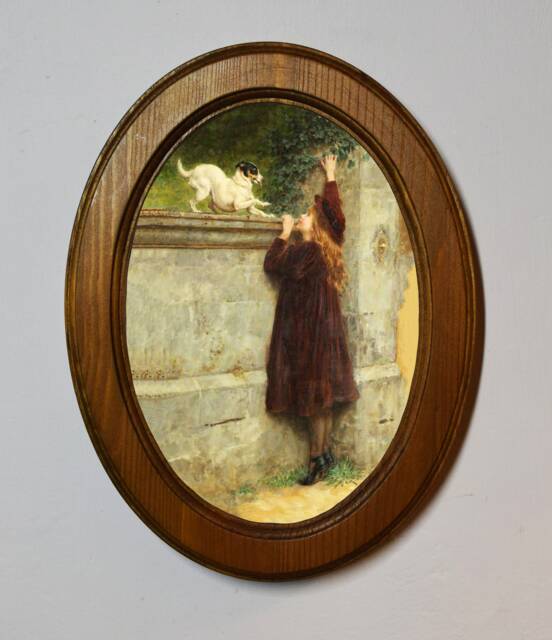 Light Oak Oval Wooden Framed Picture, Briton Rivi??re, Play Fellows, Art Print, Wall Hanging Home Decor Antique Vintage Style - image 1
