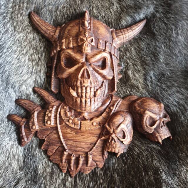 Viking Norse Skull Onlay Carved Odin Thor Pagan Wood Carving - image 1