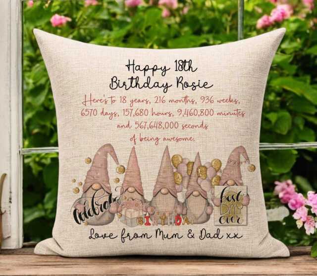 Personalised 18Th Birthday Girl Plush Linen Cushion With Pink & Gold Gonk Design Birth Stats - Gifts For - image 1